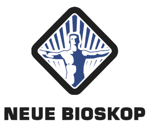 Eine stilisierte blaue Silhouette einer Person mit ausgestreckten Armen befindet sich in einem rautenförmigen Rahmen mit Strahlen im Hintergrund, die starke Referenzen symbolisieren. Darunter steht in fetter schwarzer Schrift NEUE BIOSKOP.
