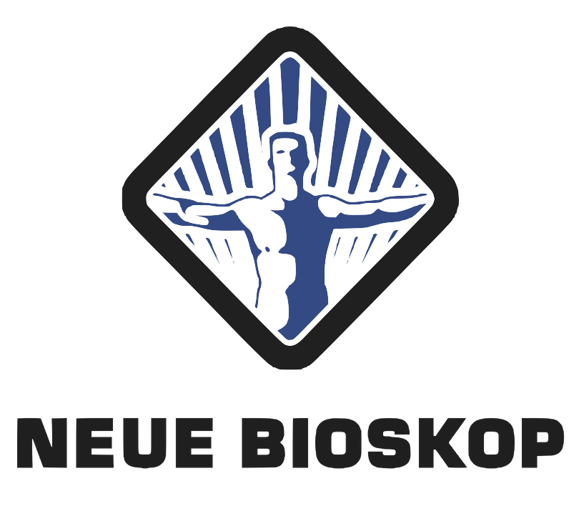 Eine stilisierte blaue Silhouette einer Person mit ausgestreckten Armen befindet sich in einem rautenförmigen Rahmen mit Strahlen im Hintergrund, die starke Referenzen symbolisieren. Darunter steht in fetter schwarzer Schrift NEUE BIOSKOP.