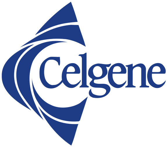 Das Celgene-Logo zeigt das Wort Celgene in blauem, stilisiertem Text, der teilweise von abstrakten, blauen, geschwungenen Linien umgeben ist, die eine dynamische, geometrische Form bilden, und hebt sich damit von den Referenzen für innovatives pharmazeutisches Branding ab.