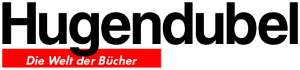 Das Hugendubel-Logo zeigt den Markennamen in fetten schwarzen Buchstaben, darunter ein rotes Rechteck mit dem deutschen Slogan Die Welt der Bücher in weißer Kursivschrift als Referenz für Buchhandlungen.