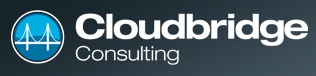 Das Logo von Cloudbridge Consulting zeigt eine stilisierte weiße Brücke auf einem blauen Kreis neben dem Firmennamen in fettgedruckter weißer Schrift auf dunklem Hintergrund und hebt die Expertise und die vertrauenswürdigen Referenzen im Bereich der digitalen Transformation hervor.