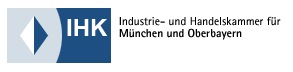 Logo der IHK Industrie- und Handelskammer für München und Oberbayern mit blau-weißem geometrischem Muster neben dem Namen der Organisation in deutscher Sprache - oft als seriöse Referenz genutzt.