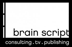 Ein schwarzes und weißes Logo mit einem rechteckigen Rahmen. Im Inneren steht Gehirnschrift in Kleinbuchstaben, und unter dem Rahmen steht consulting . tv . publishing.