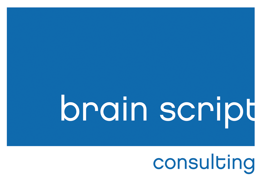 Logo mit einem großen blauen Rechteck, das den Schriftzug brain script in weißen Kleinbuchstaben enthält; das Wort consulting erscheint in blauen Kleinbuchstaben unterhalb und außerhalb des Rechtecks auf weißem Hintergrund.