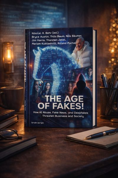 A book titled The Age of Fakes! stands on a desk, surrounded by books, a candle, glasses, and pens. The cover of The Age of Fakes features a digital hooded figure amid headlines warning about AI abuse and deepfakes.