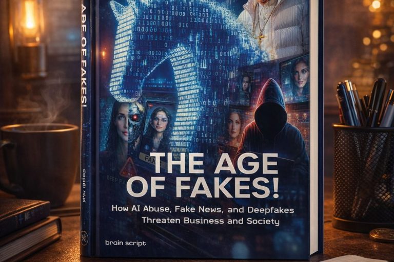 A book titled The Age of Fakes! stands on a desk, surrounded by books, a candle, glasses, and pens. The cover of The Age of Fakes features a digital hooded figure amid headlines warning about AI abuse and deepfakes.